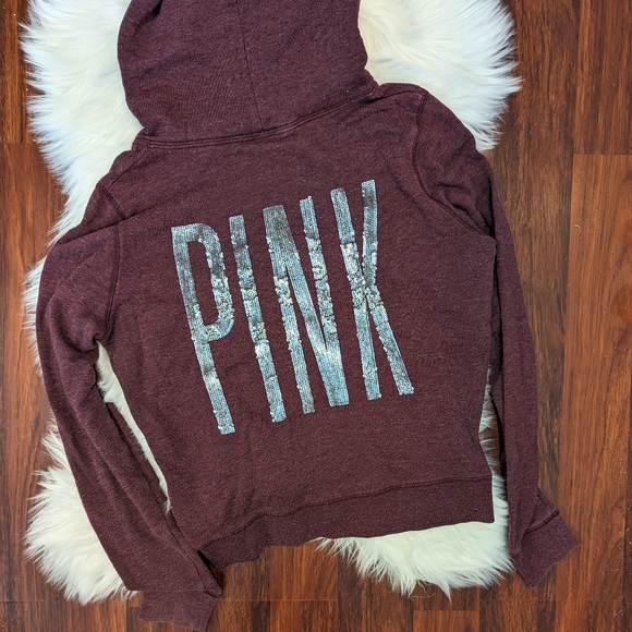 PINK Victoria's Secret Tops - PINK Victoria's Secret Maroon Sequin Bling Zip Up Hoodie